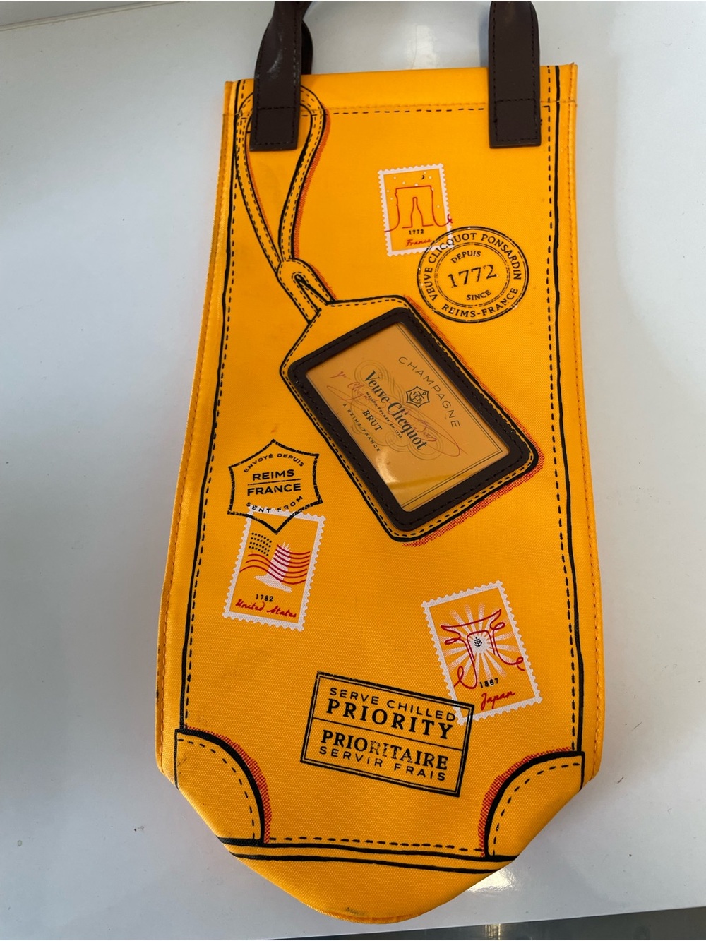 Yellow Graphic Insulated Bottle Tote Bag with Brown Handles